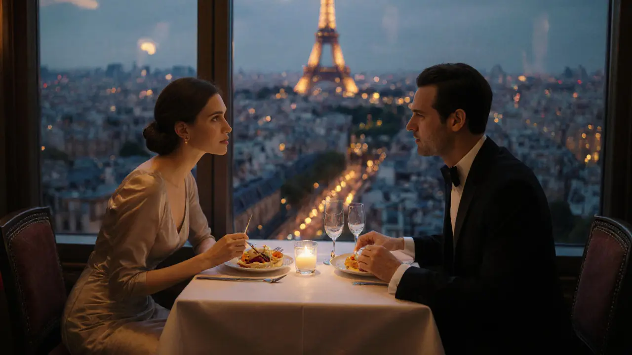 A couple enjoys dessert at Le Jules Verne with the glowing city of Paris behind them.