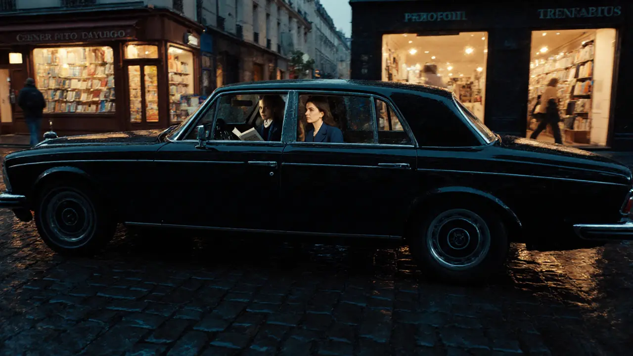 A discreet black car drives through Saint-Germain-des-Prés at night, interior softly lit.