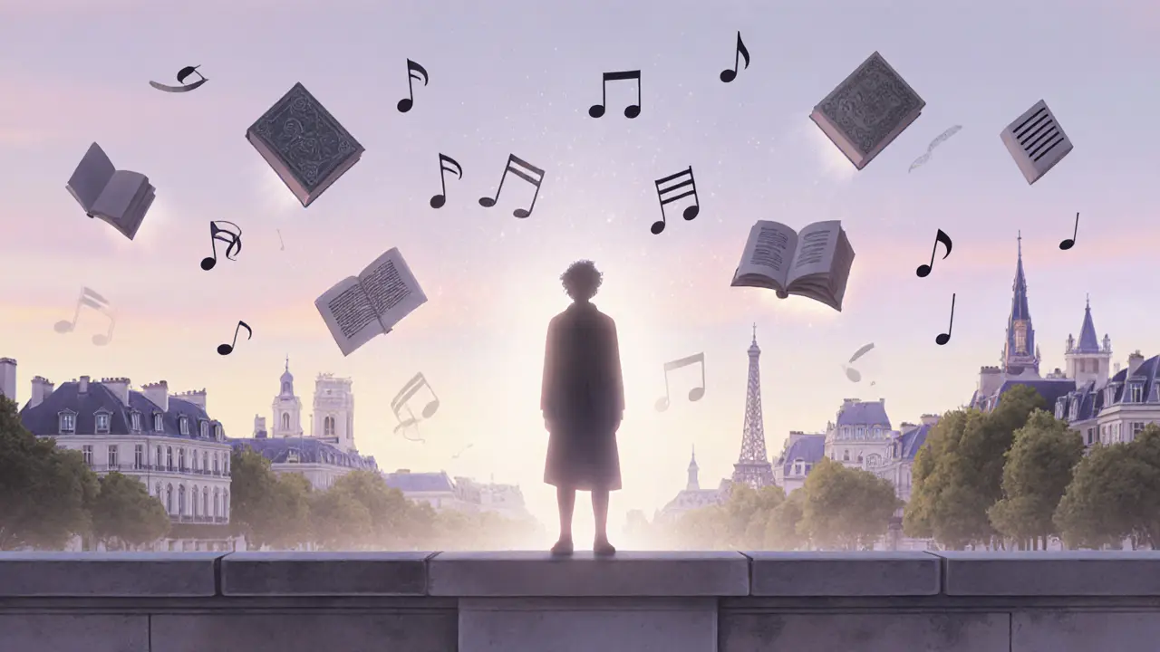 A glowing figure in Luxembourg Gardens surrounded by floating cultural symbols of memory and connection.