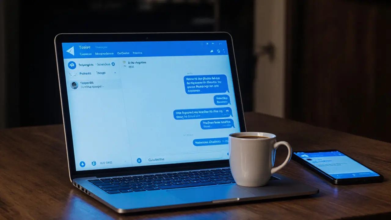 A private apartment interior with a laptop open to an encrypted messaging app, glowing softly in dim light.