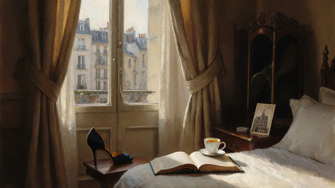 A serene Parisian hotel room with tea, poetry, and a postcard, evoking quiet elegance.