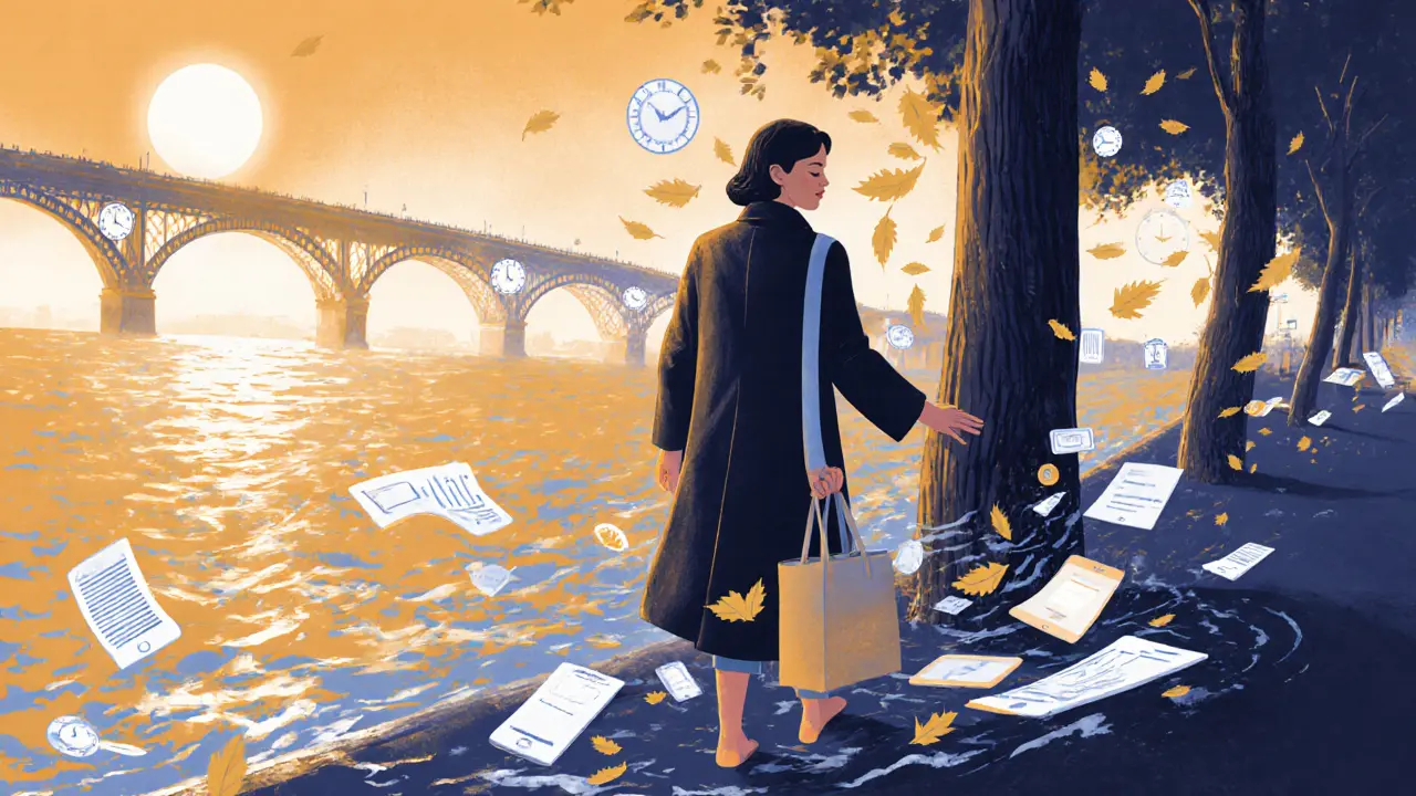 A woman walks barefoot by the Seine at sunset, abstract symbols fading into nature as she finds peace.