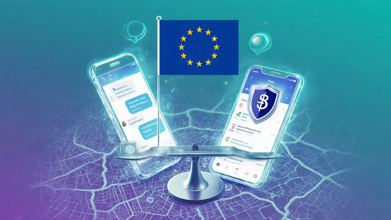 Abstract collage of digital devices, EU flag, and scales symbolizing future reforms.