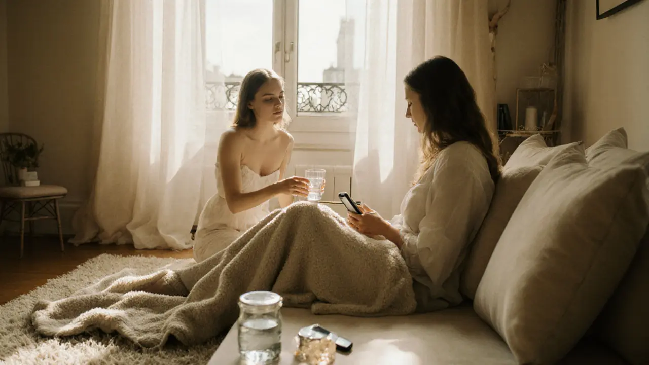 Aftercare scene with domme offering blanket and water in a sunlit Paris loft.