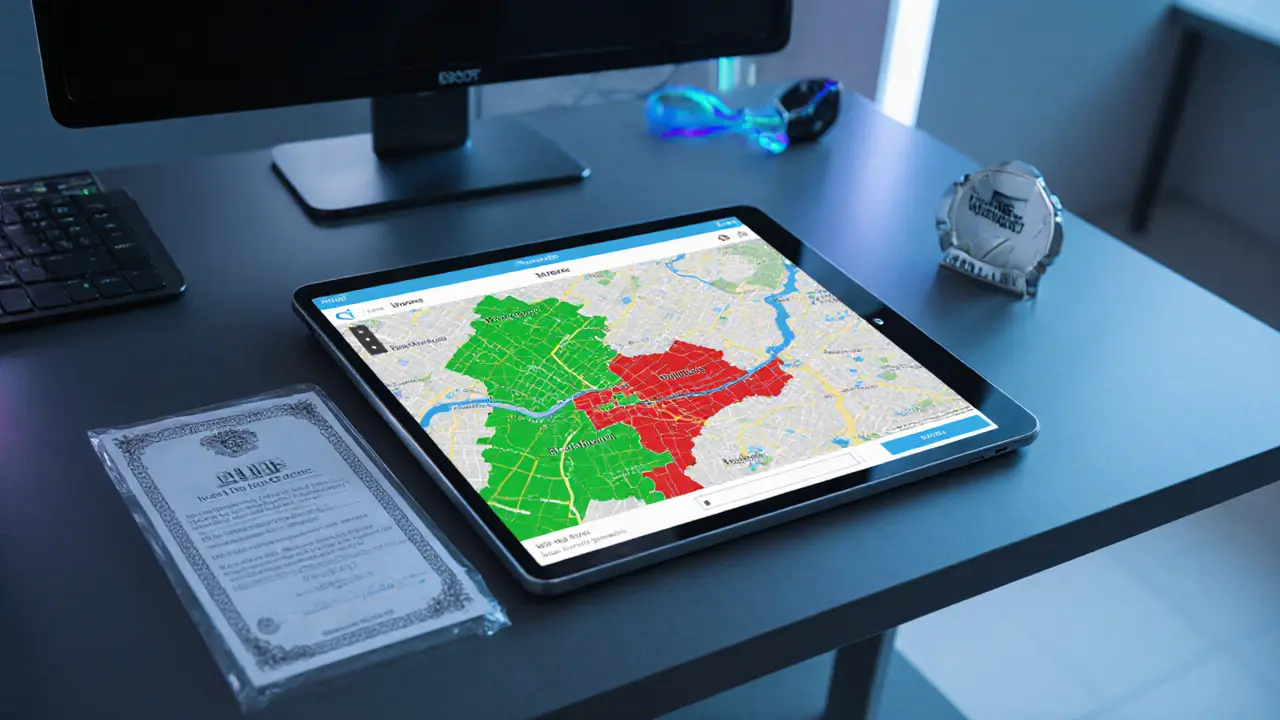 Agency office desk with tablet map of Paris zones, health certificate, and license badge.