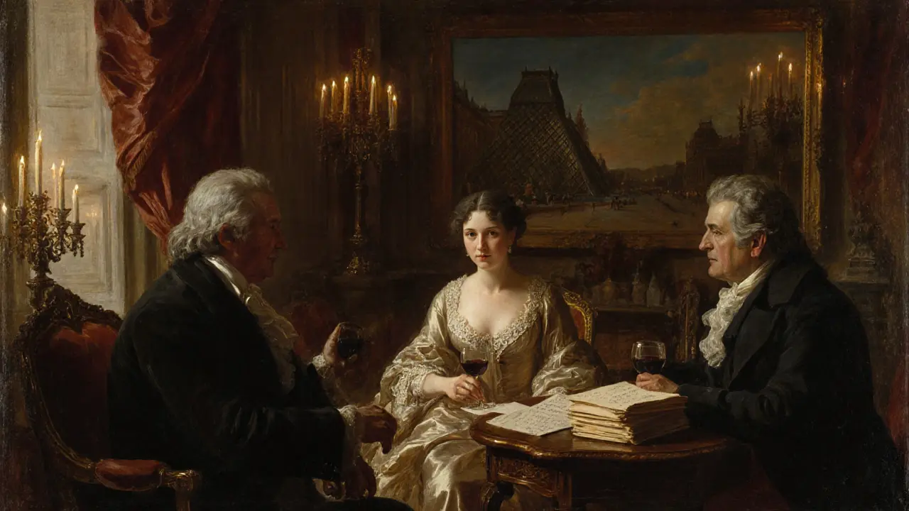 An 18th-century Parisian salon with a courtesan conversing with philosophers under candlelight.