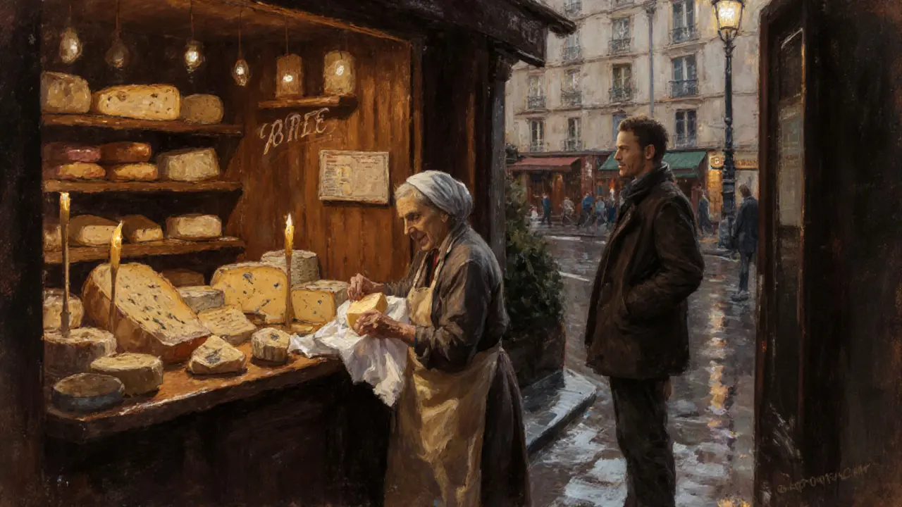An elderly cheese maker wraps a wedge of brie in parchment paper for a traveler in a dimly lit shop.