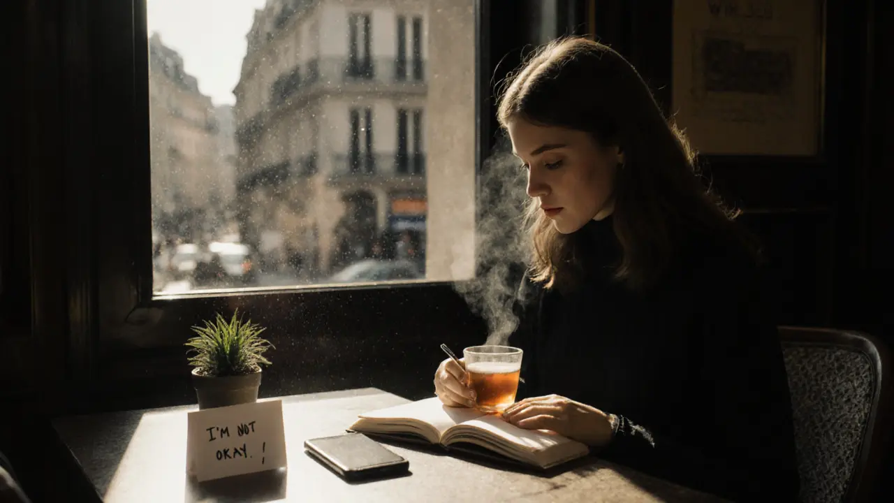 An escort writes in a journal at a Paris café, sunlight streaming in, phone face-down, tea steaming nearby.