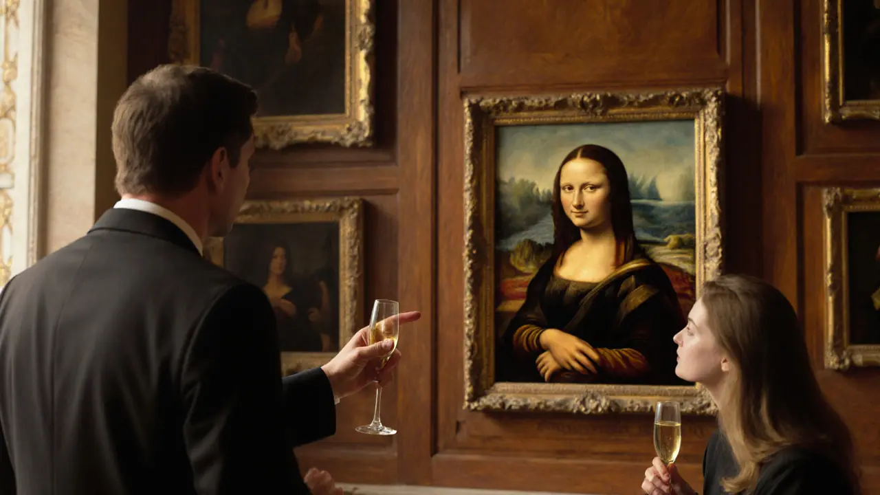 Art historian guide showing Mona Lisa to a guest inside the Louvre.