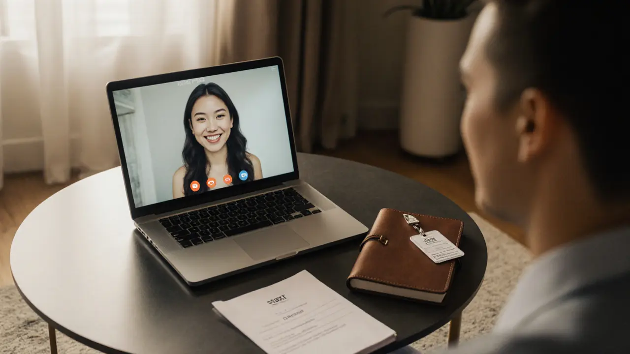 Client verifying companion via video call, with documents and laptop on a coffee table.