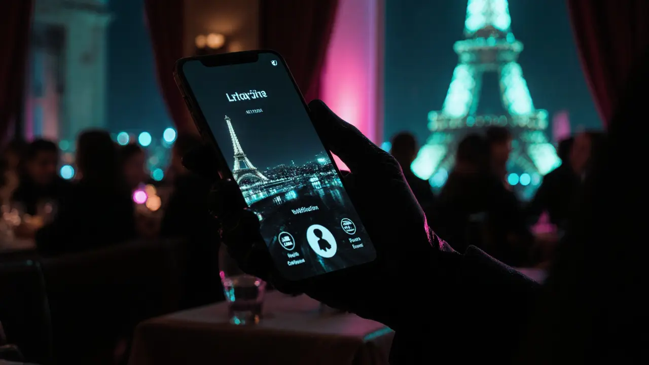 Close-up of a smartphone showing a sleek app with a health badge and escort silhouette.
