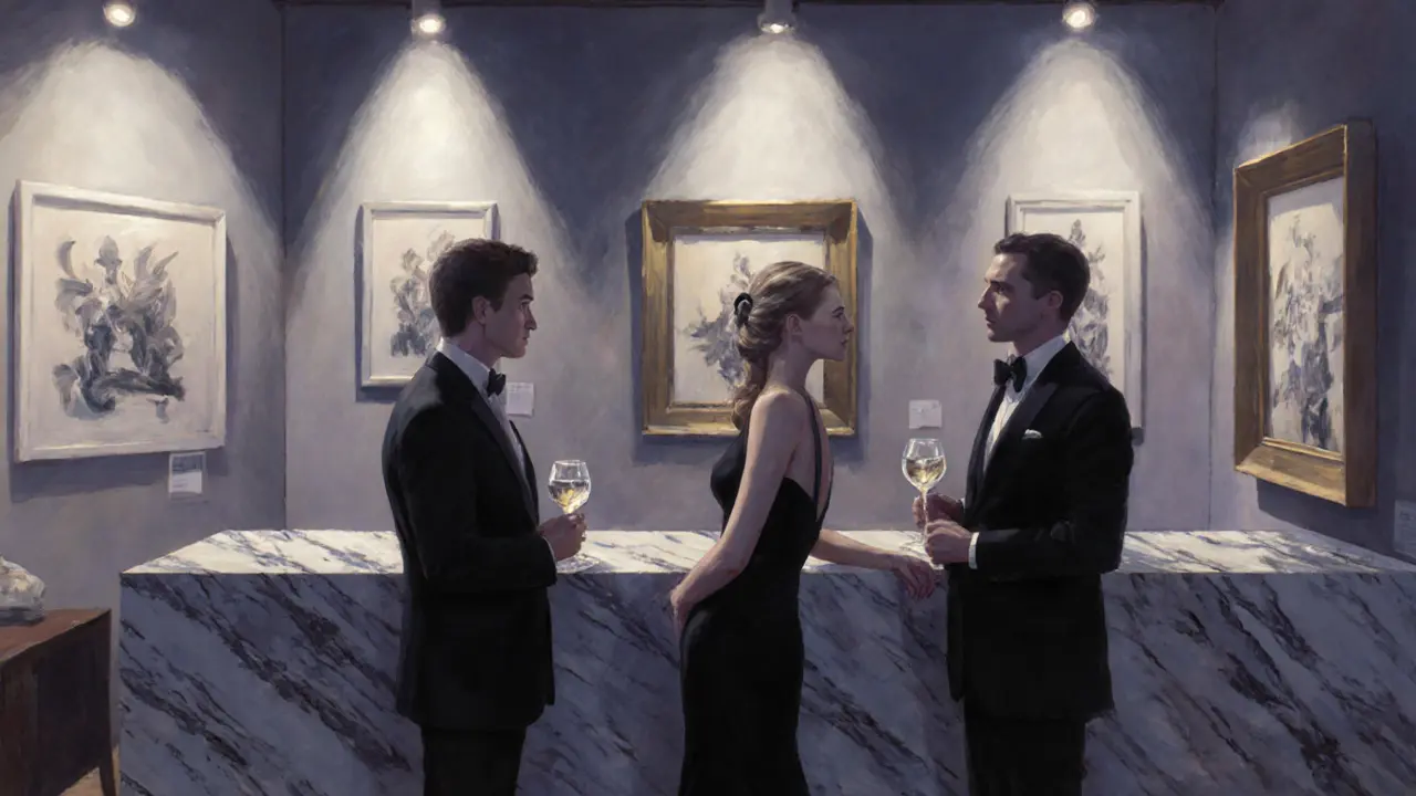Companion and client chatting discreetly at a refined gallery opening.