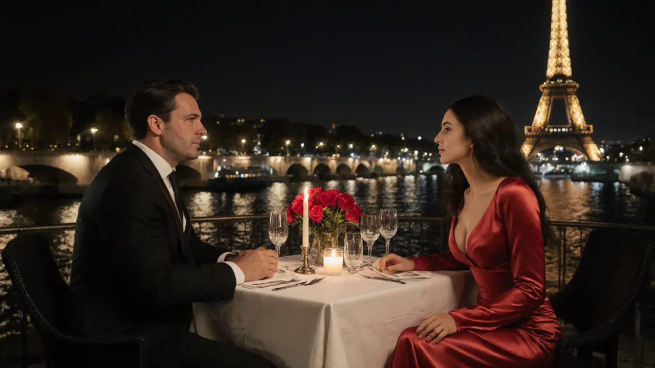 Couple enjoying a candlelit dinner on a Paris terrace with the Eiffel Tower view.