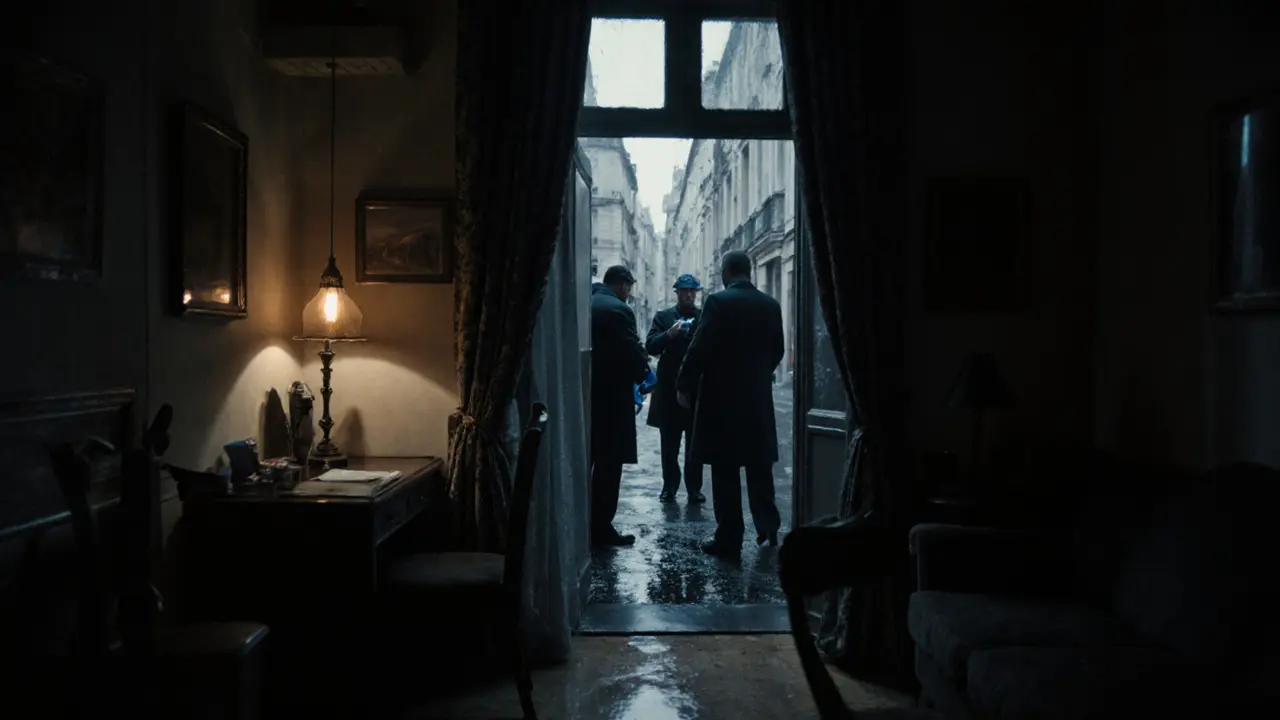 Dimly lit Paris apartment interior during a tense police raid, rain outside.