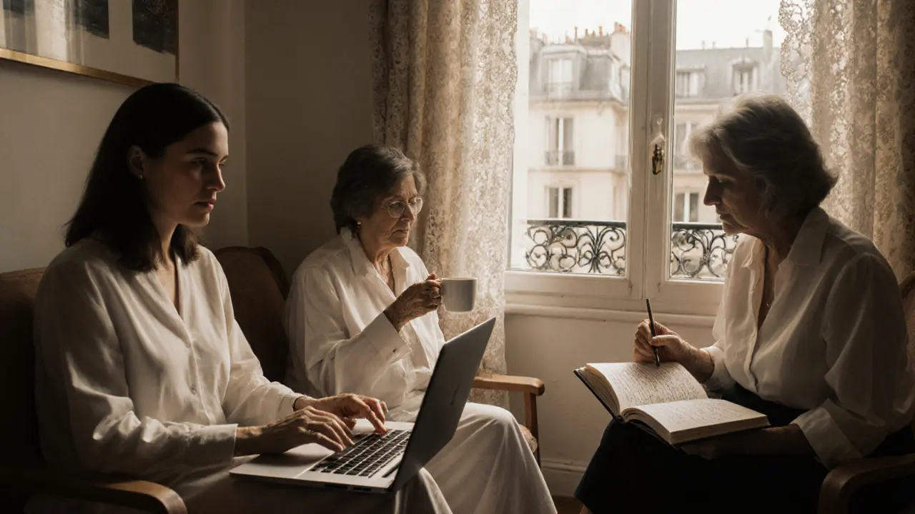 Diverse women in a sunlit Montmartre apartment, engaged in quiet, personal moments with a notebook open.
