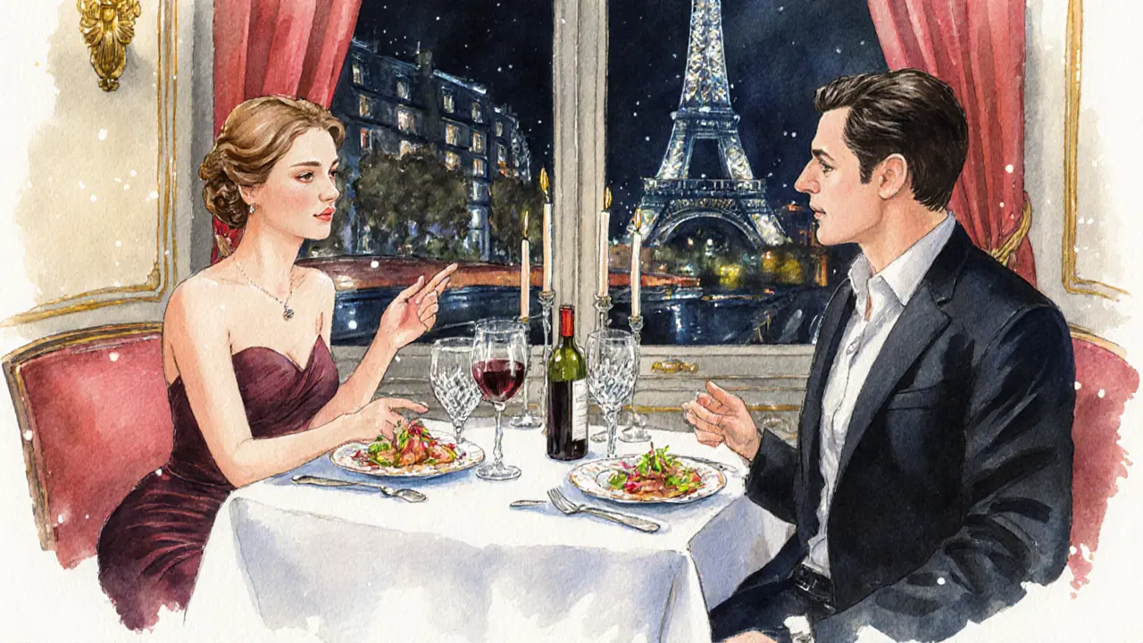 Elegant dinner table in a Michelin restaurant with two people sharing wine and conversation.