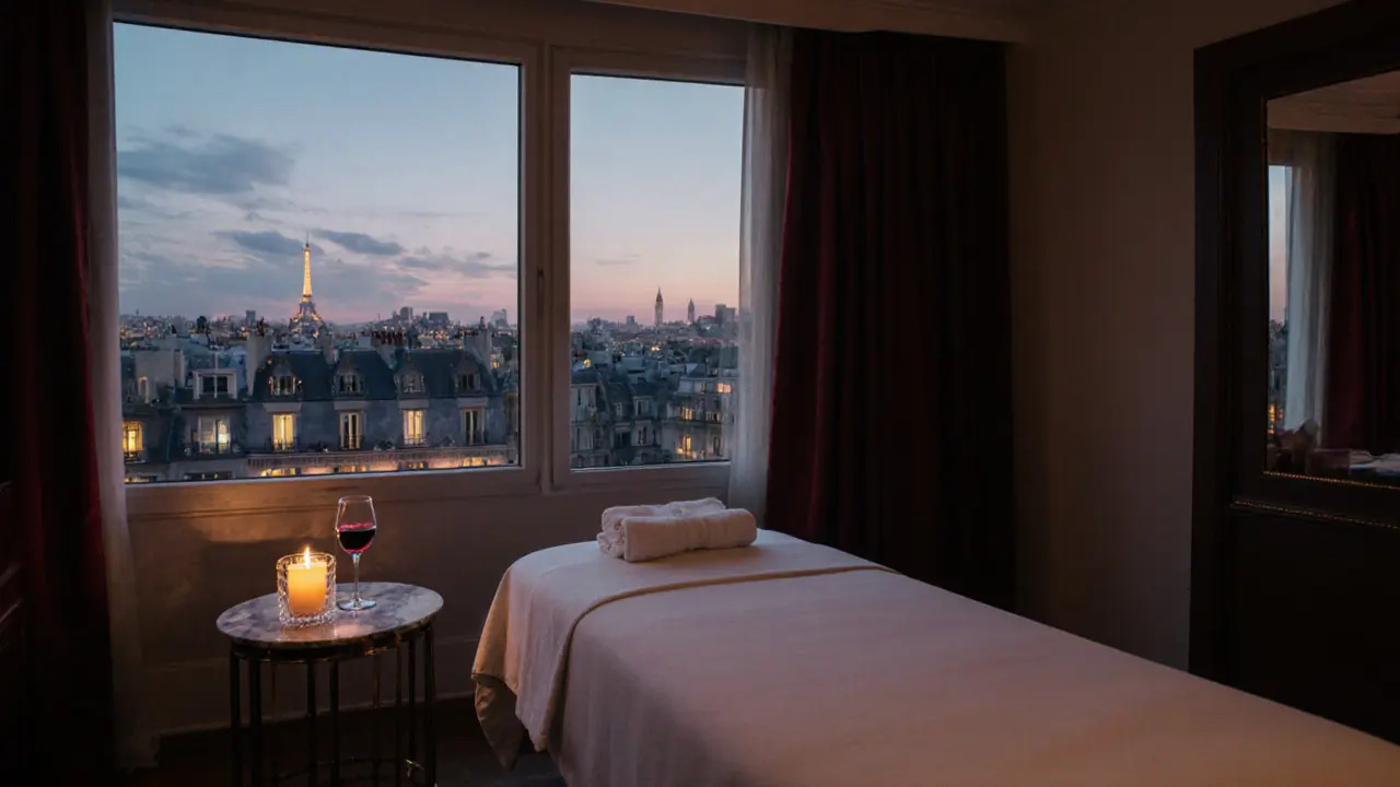 Elegant hotel suite interior with city lights, wine glass, and a neatly made massage table.