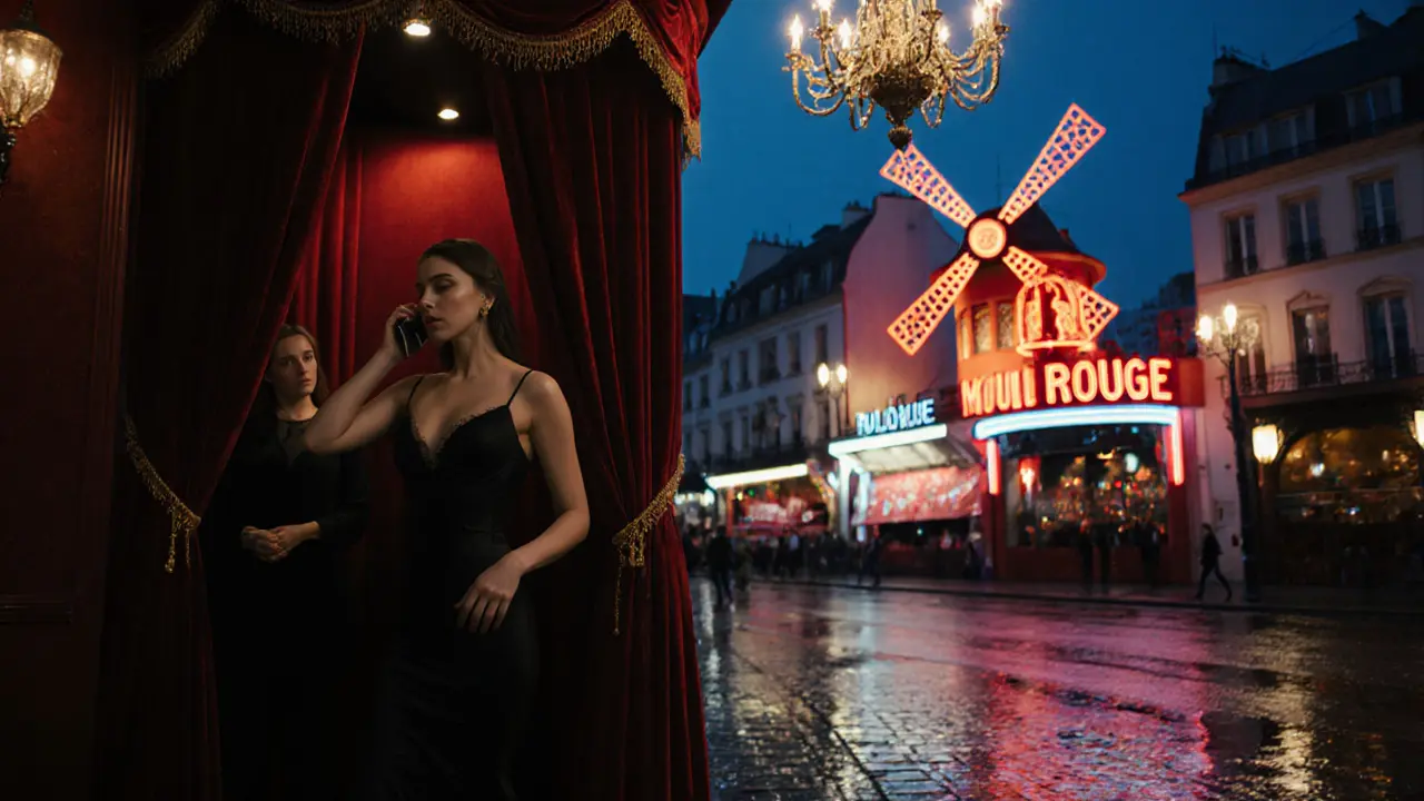 Escort in a private booth at Moulin Rouge, phone to ear, night rain outside.