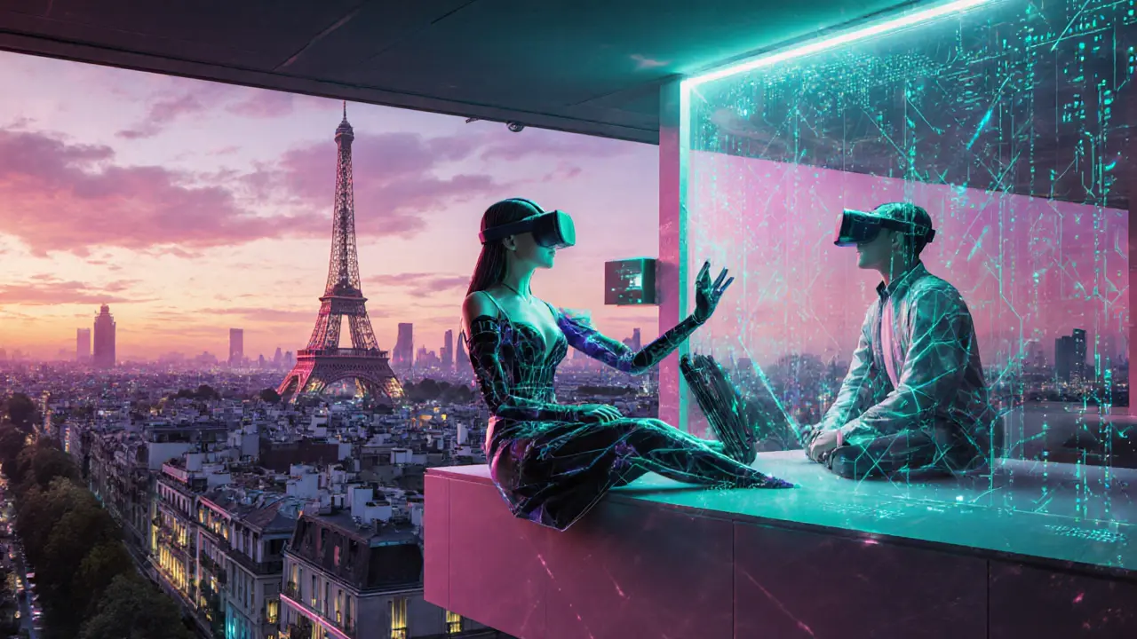 Futuristic VR rooftop date with digital avatars against a neon Paris skyline.