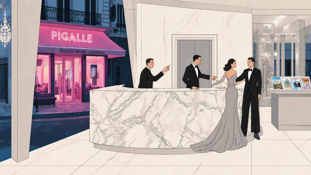 Hotel lobby scene where a concierge points to a hidden door as an escort greets a couple.