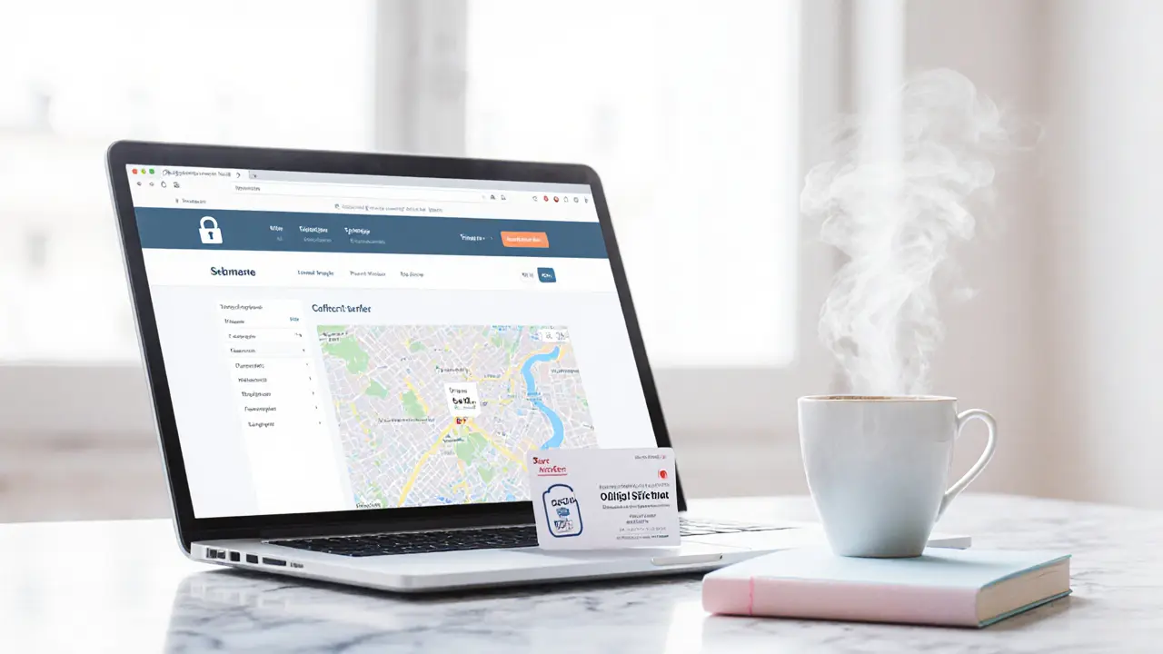 Laptop showing encrypted booking site, coffee cup, and blurred certification document.