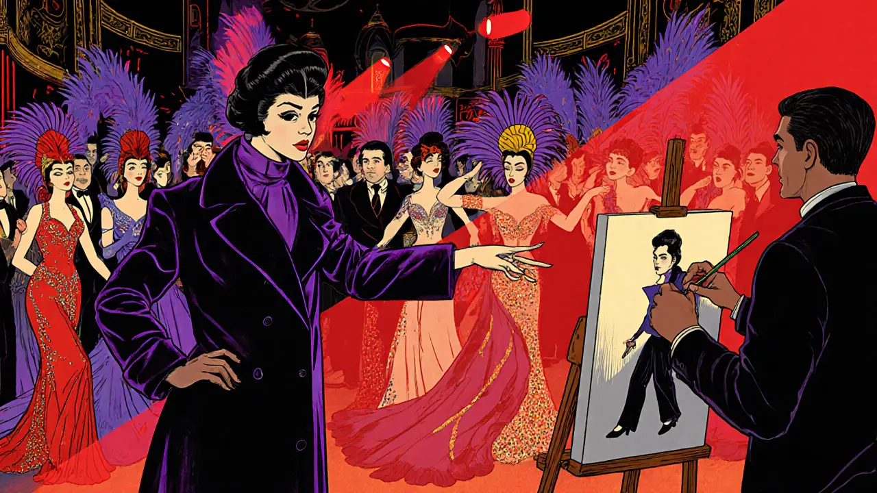 Lautrec‑style Moulin Rouge crowd with dancers, escorts, and artists.