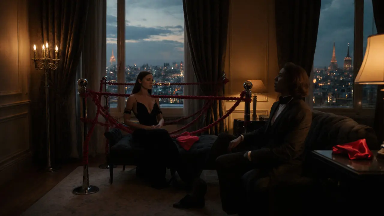 Luxurious hotel suite with BDSM equipment and a domme seated confidently.