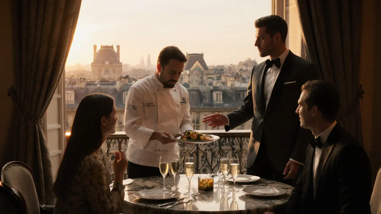 Luxury hotel terrace scene with escort presenting a tasting menu beside a champagne table.