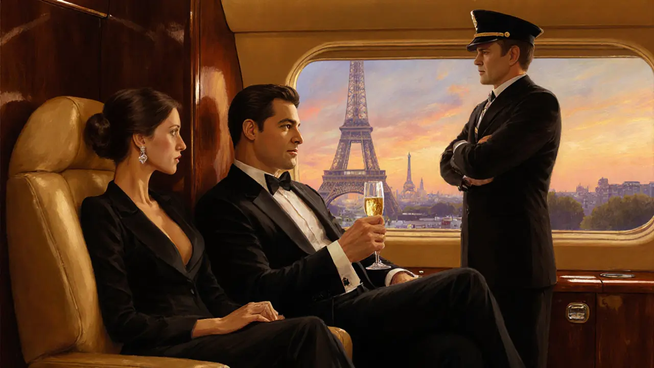 Luxury private jet interior with escort, client, champagne, and Paris skyline.