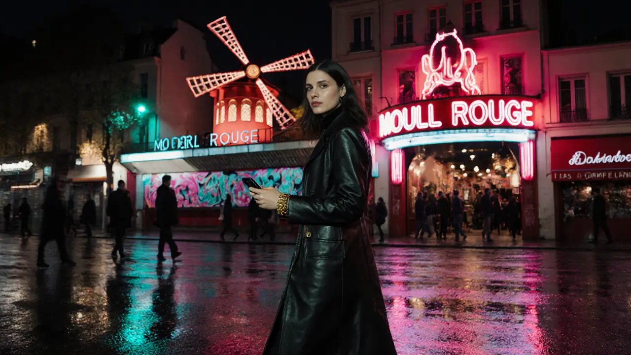 Nighttime city street with modern escort capturing scene on smartphone.