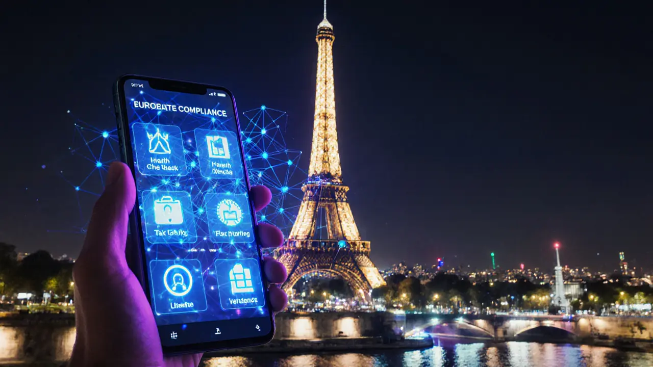 Nighttime Paris skyline with holographic network and smartphone compliance app.