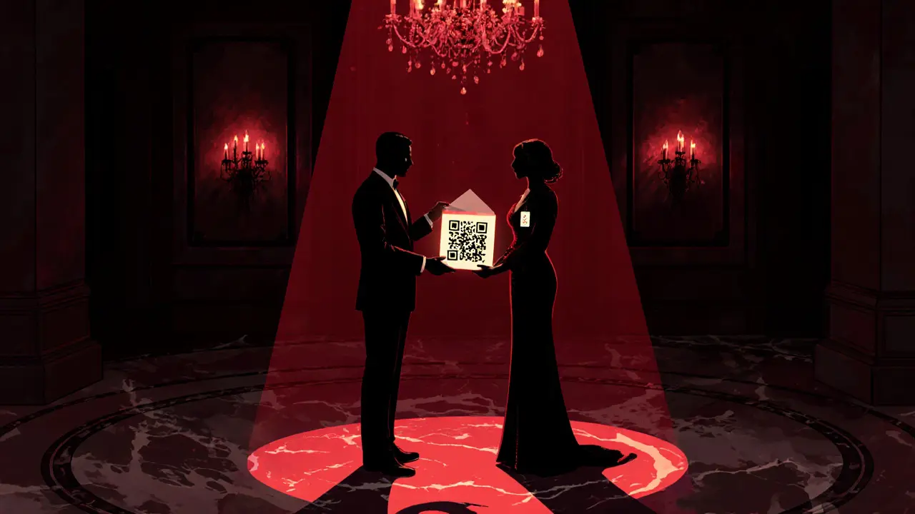 Noir hotel lobby scene of couple exchanging envelope with crypto QR code under chandelier.