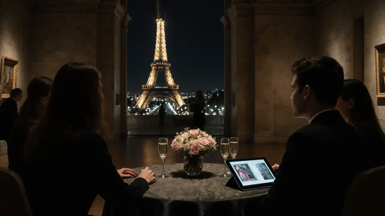 Private after‑hours Louvre viewing with champagne and soft lighting.
