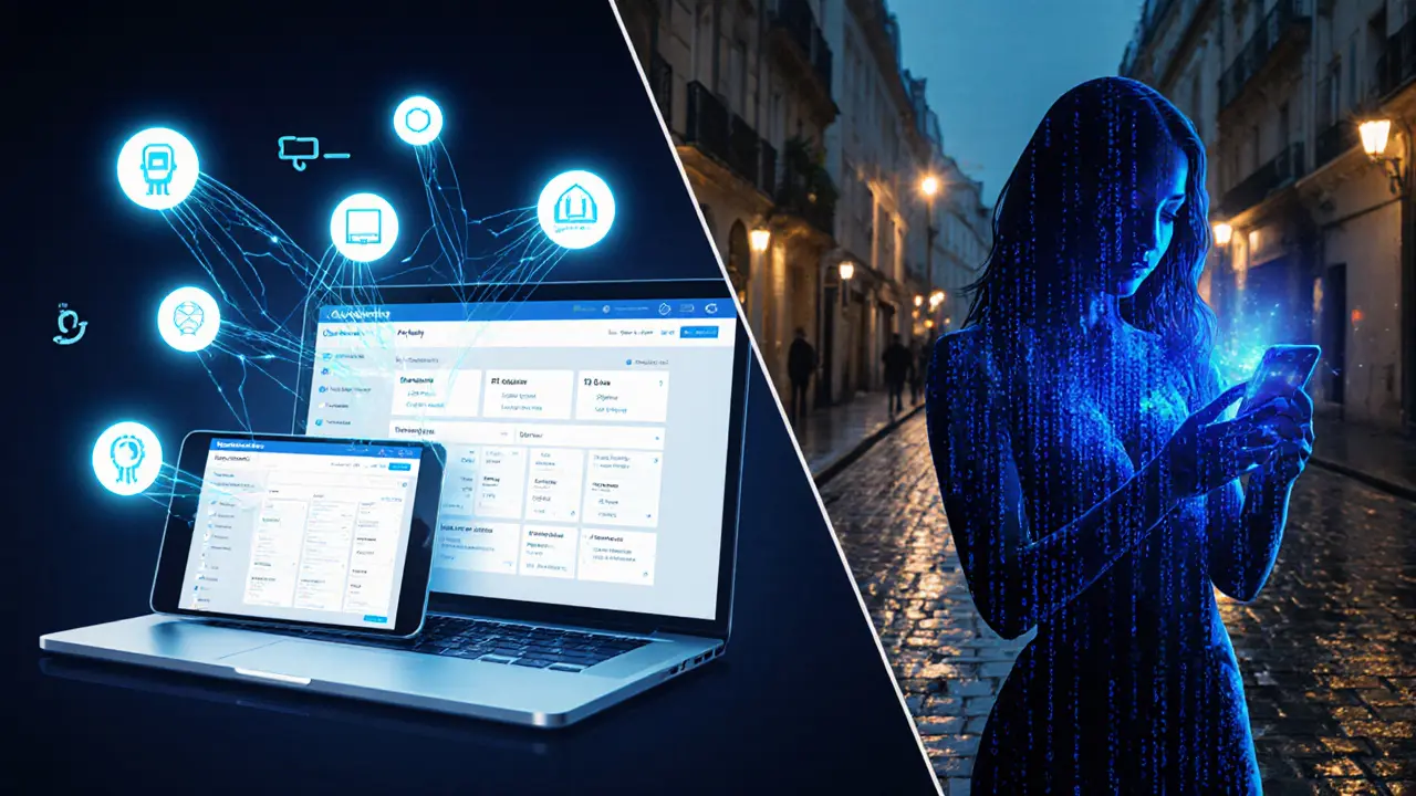 Split-screen showing a digital booking platform and an escort with encrypted signals.