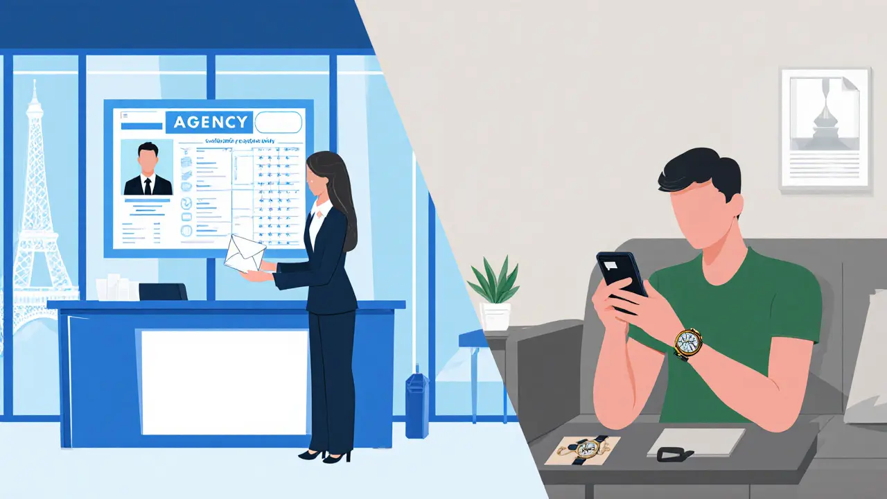 Split-screen view comparing agency office with dossiers and independent escort using a smartphone.