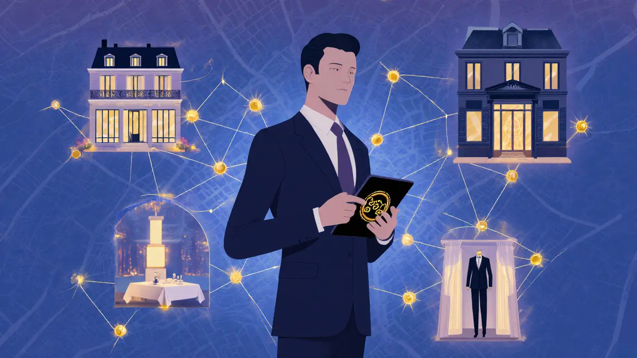 Stylized Paris map showing connections between luxury venues with a central escort figure.