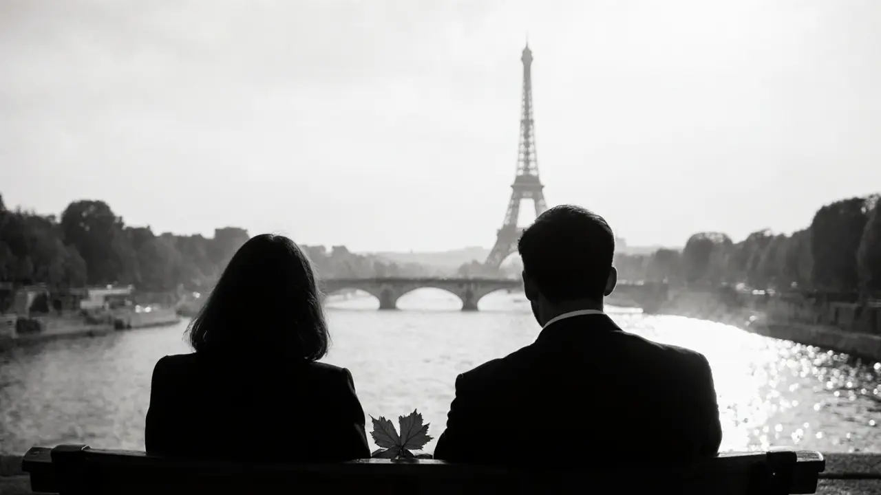 Two figures sit in silent companionship on a Seine bench at golden hour, the Eiffel Tower blurred behind them.