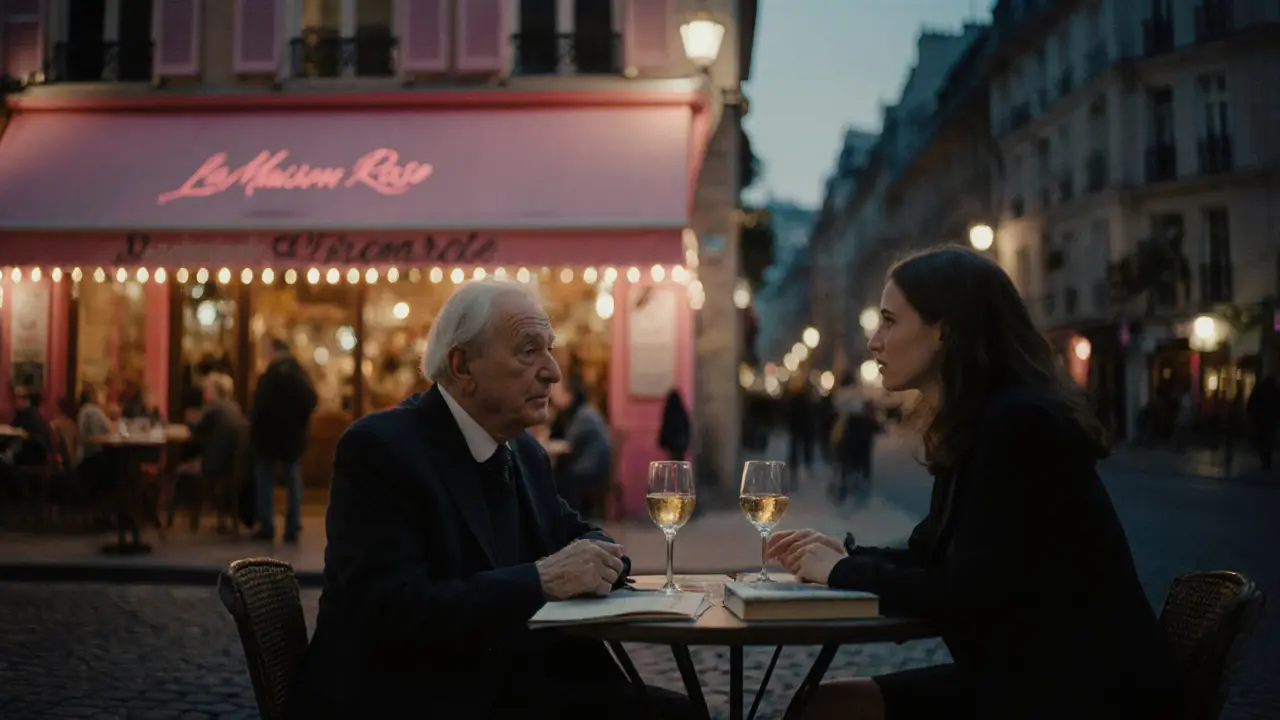 Two people sharing a quiet moment at a pink café in Montmartre, sipping wine at twilight.