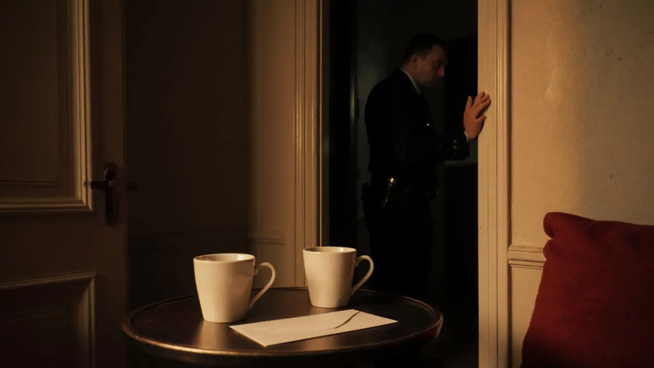 Warm‑lit Paris apartment interior with coffee cups, envelope, and police officer silhouette in hallway.