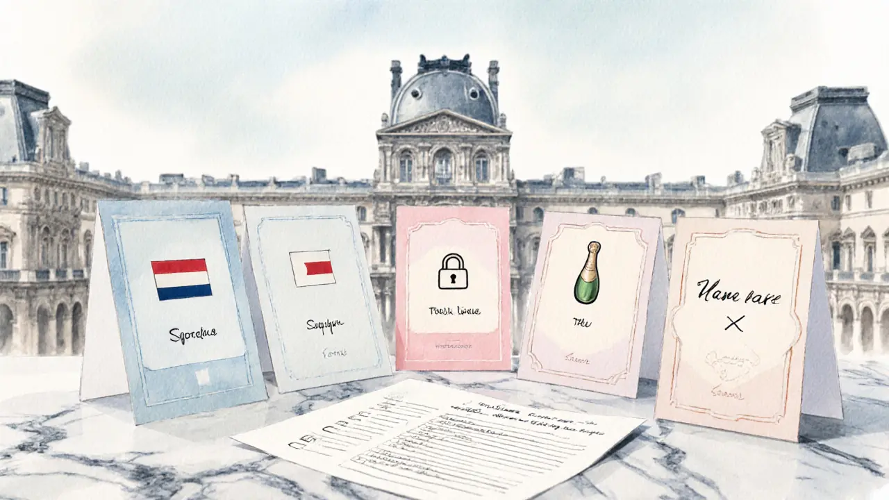 Watercolor of five agency cards with icons on marble table, Louvre silhouette blurred behind.