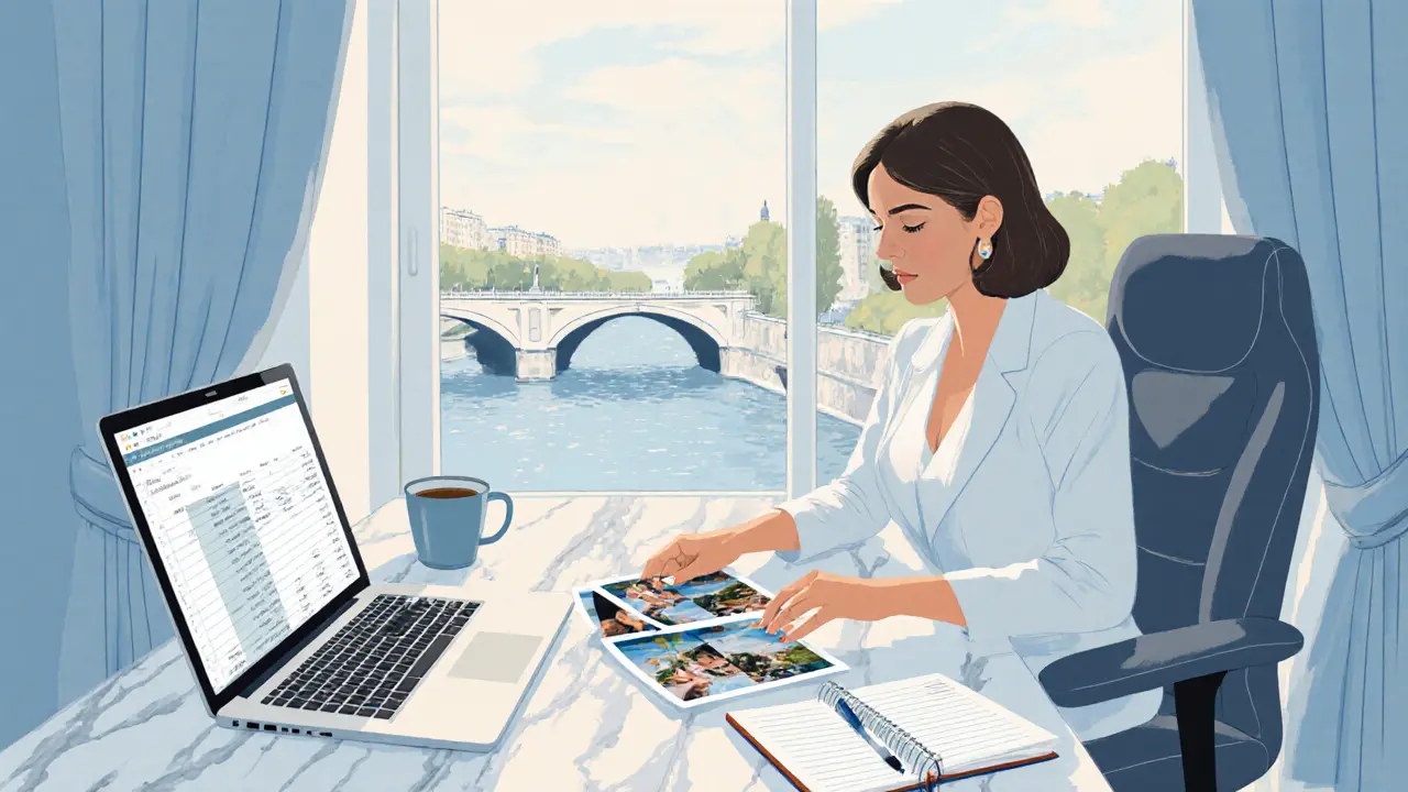 Woman at a stylish desk by a window arranging photos and budgeting papers, view of the Seine.