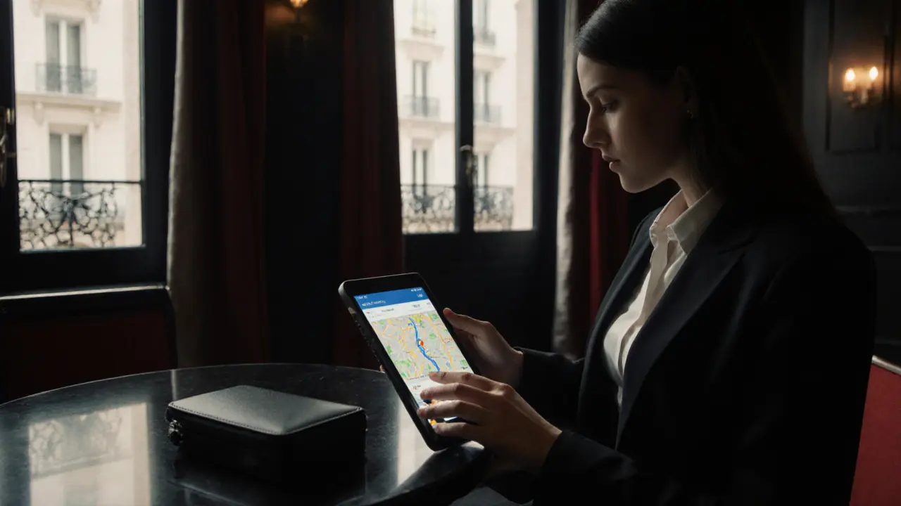 Woman reviewing client details on a tablet with a discreet self‑defense kit beside her.