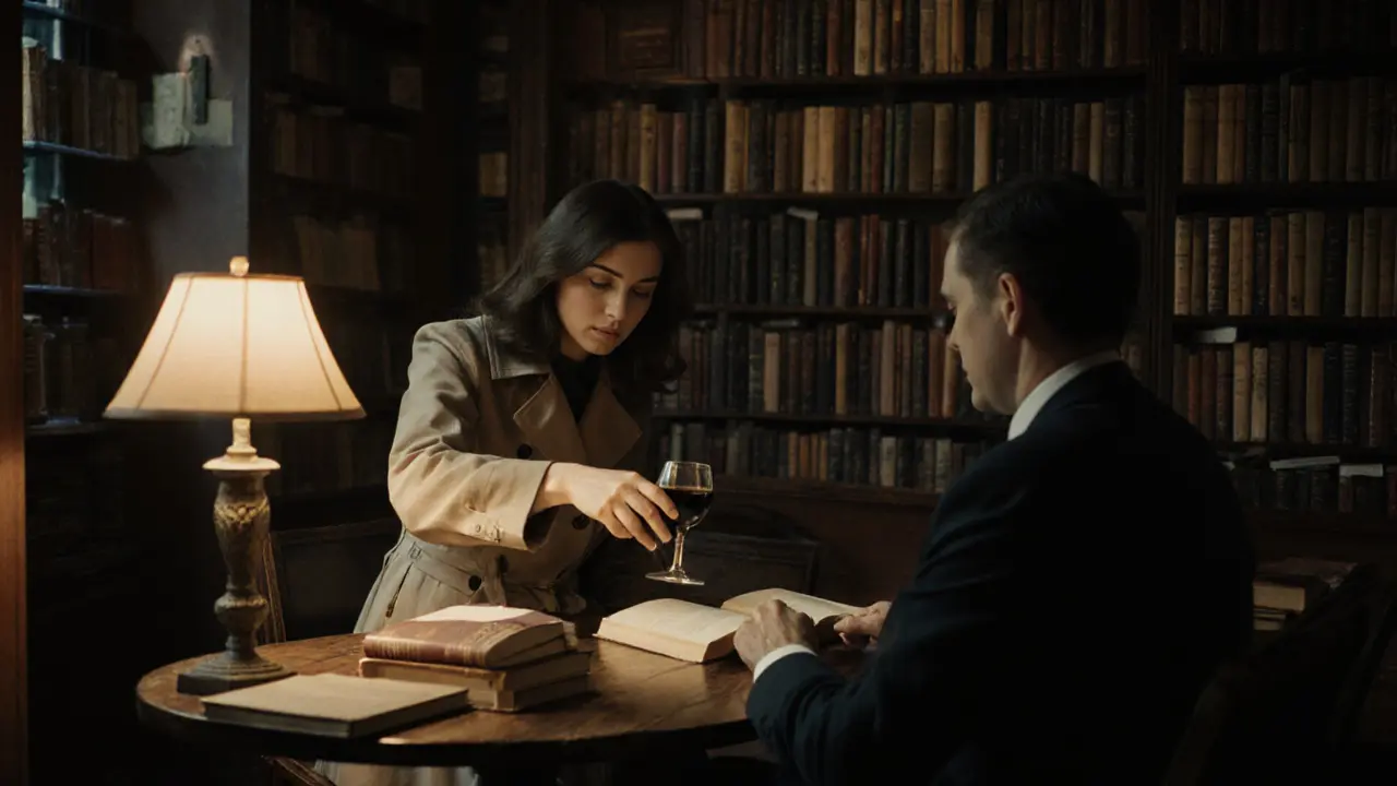 A client and escort sharing wine and books in a quiet Saint-Germain bookstore under lamplight.