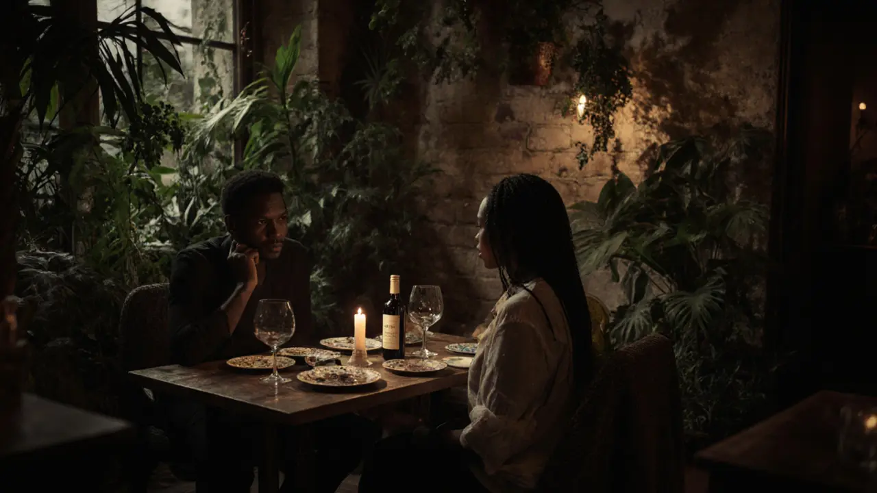 A couple enjoying wine and conversation in a lush, vintage-style hidden bar filled with plants and antique furniture.