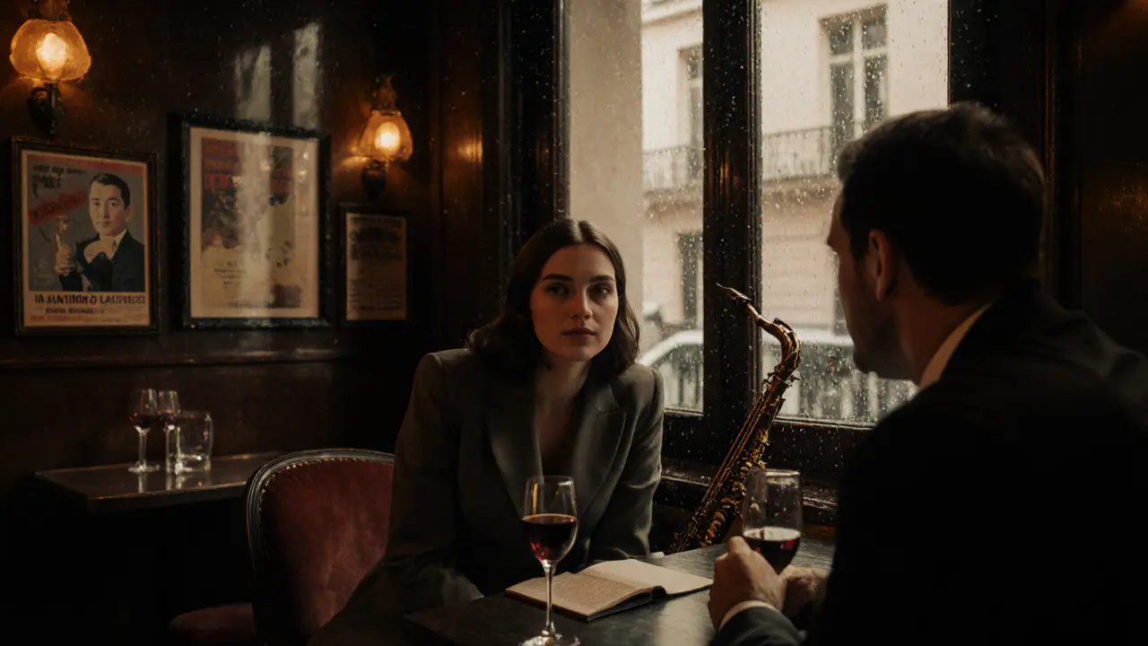 A couple in a cozy jazz club in Saint-Germain-des-Prés, sharing wine and conversation under warm lights.