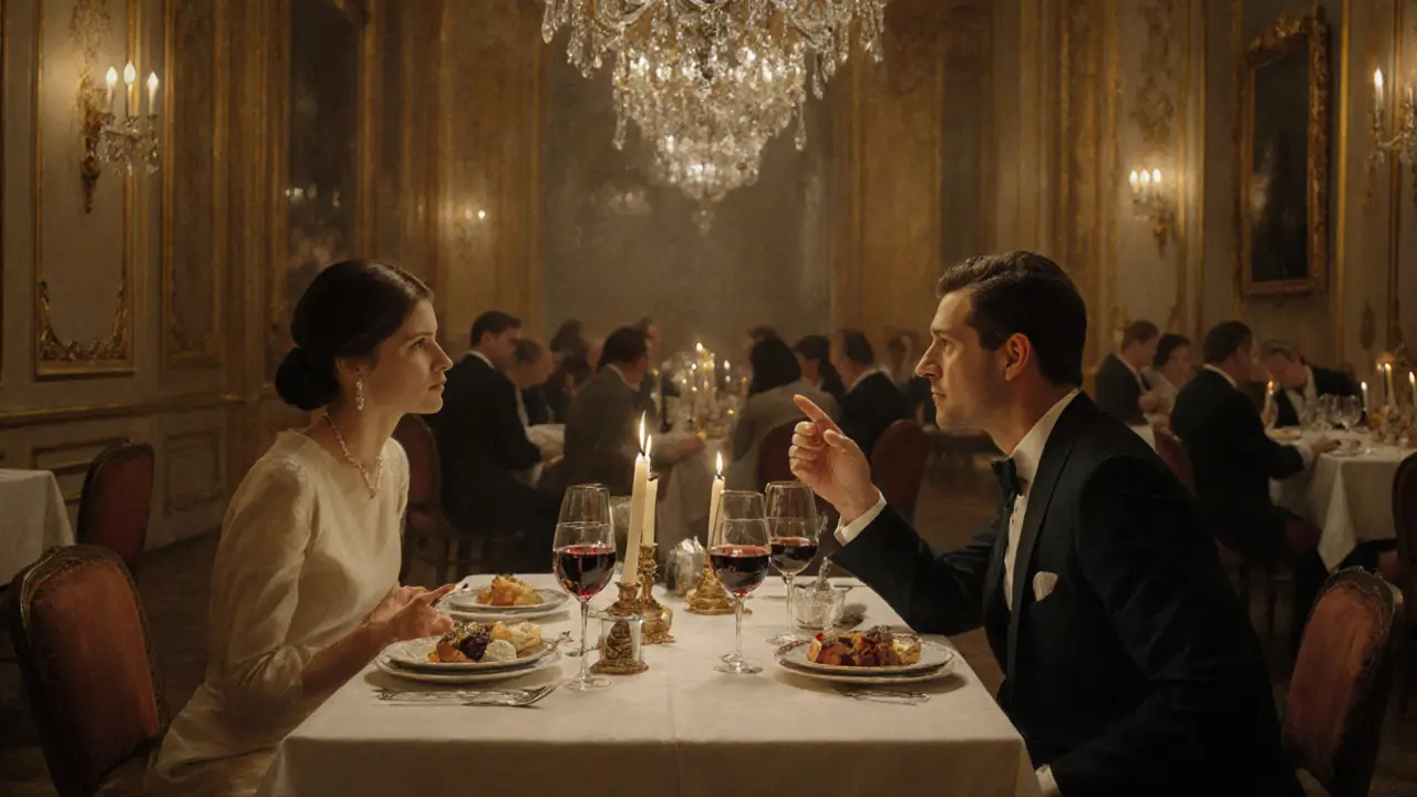 A couple shares a quiet dinner at a prestigious Paris restaurant, candlelight reflecting on fine tableware.