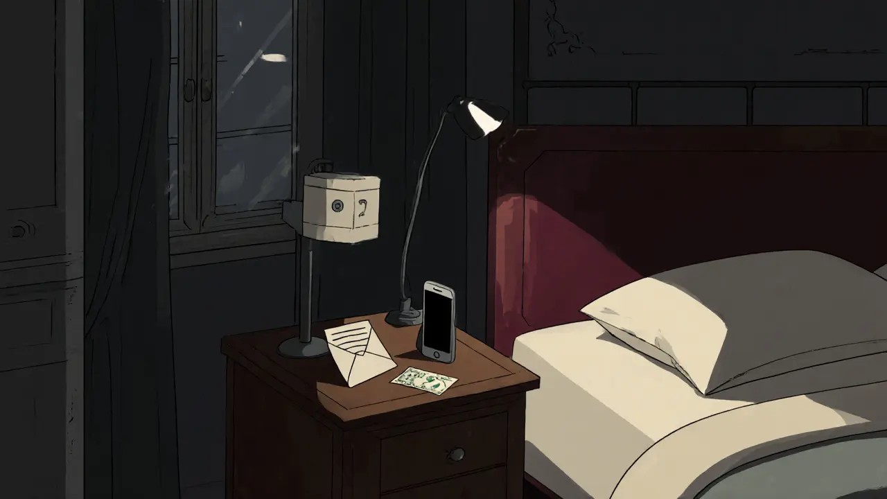 A dimly lit bedroom with a locked phone drawer and cash envelope, no digital devices visible, emphasizing secrecy.