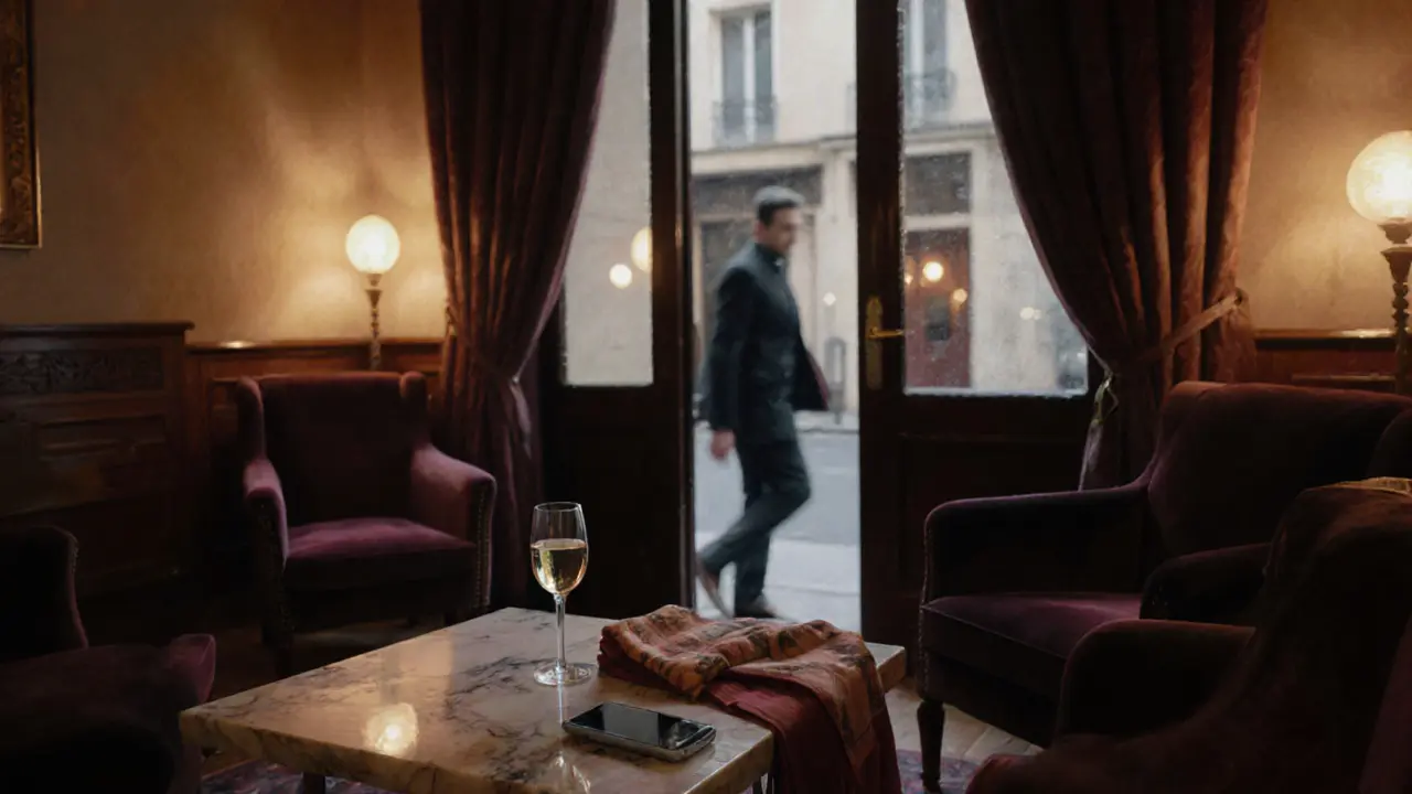 A discreet hotel lounge with signs of a recent meeting, empty glasses and a folded scarf on a table.
