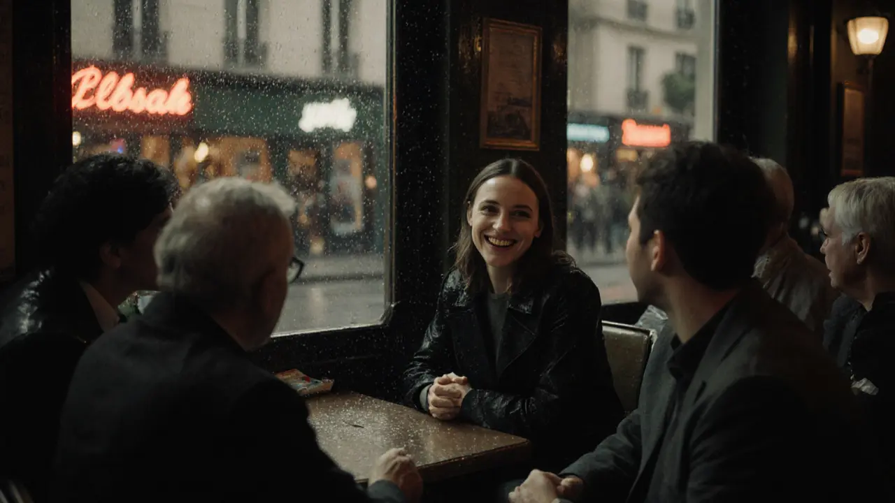 A diverse group of people chatting warmly in a Le Marais bookstore café on a rainy evening.