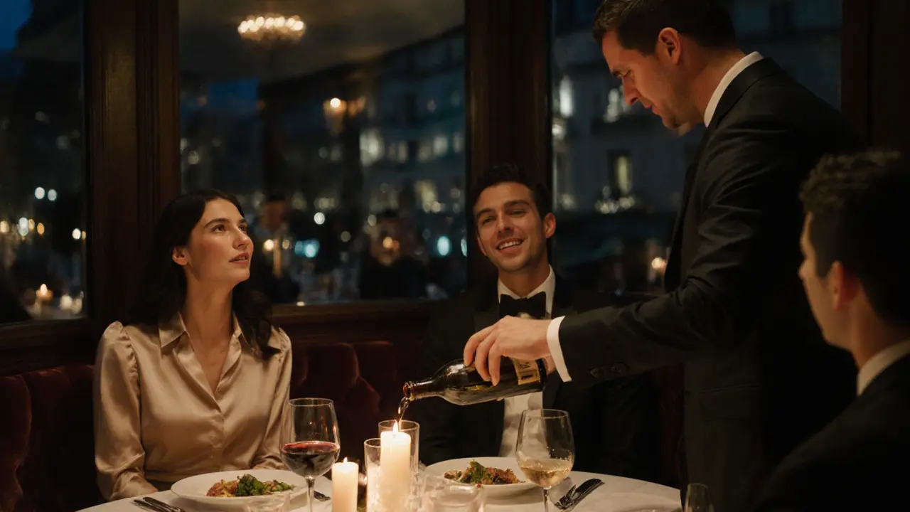 A diverse group shares a quiet dinner in a luxury Paris restaurant, accompanied by an escort from Thailand pouring wine.